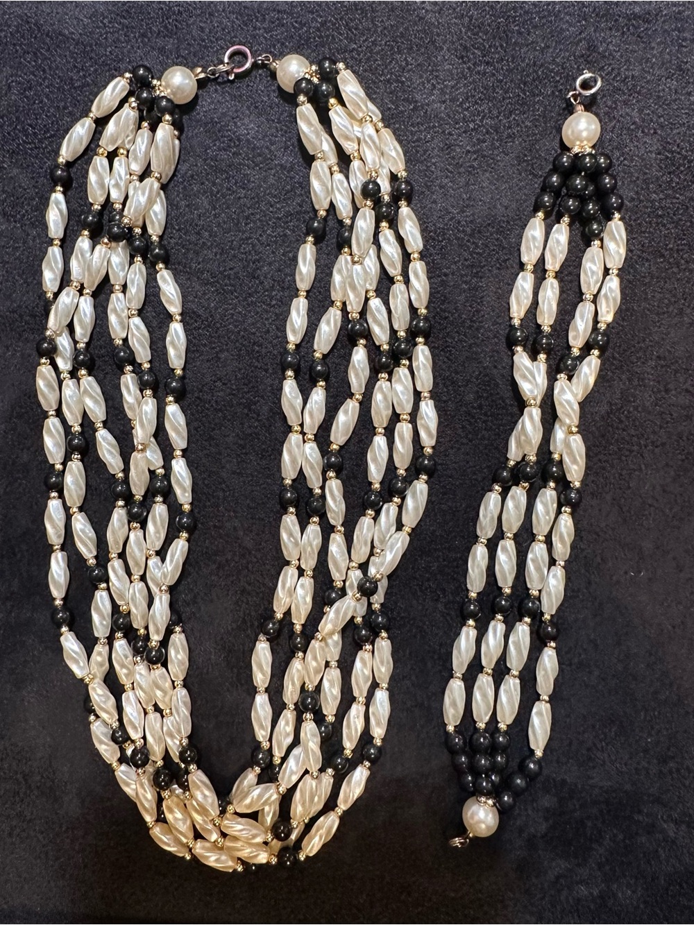 Vintage Faux Pearl Black Bead Multi Strand Necklace Bracelet Set 5 Strand